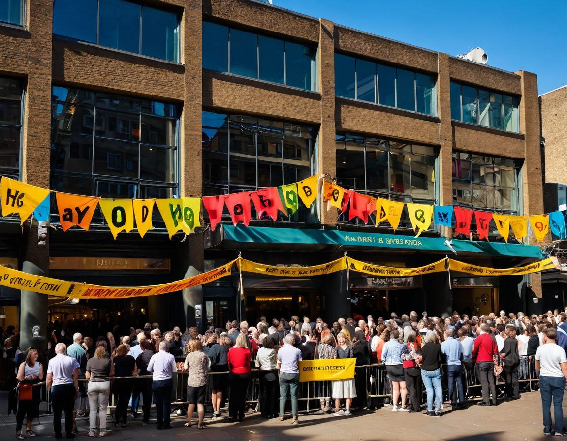 A vibrant scene showcasing the exterior of Barbican Theatre, adorned with colorful banners and bustling crowds, capturing the essence of joy and excitement. In the foreground, a diverse group of people is engaged in various activities like laughing, taking photos, and enjoying the art installations nearby. Soft golden sunlight bathes the scene, enhancing the atmosphere of happiness and creativity. super-realistic. vibrant colors. 3D.