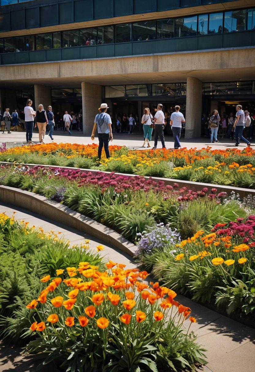 A lively scene of people enjoying joyful moments at the Barbican Centre, with colorful flowers and cheerful expressions, surrounded by art installations and serene architecture. Include a sunlit atmosphere and playful interactions among visitors. Capture a sense of community and happiness. vibrant colors. super-realistic.