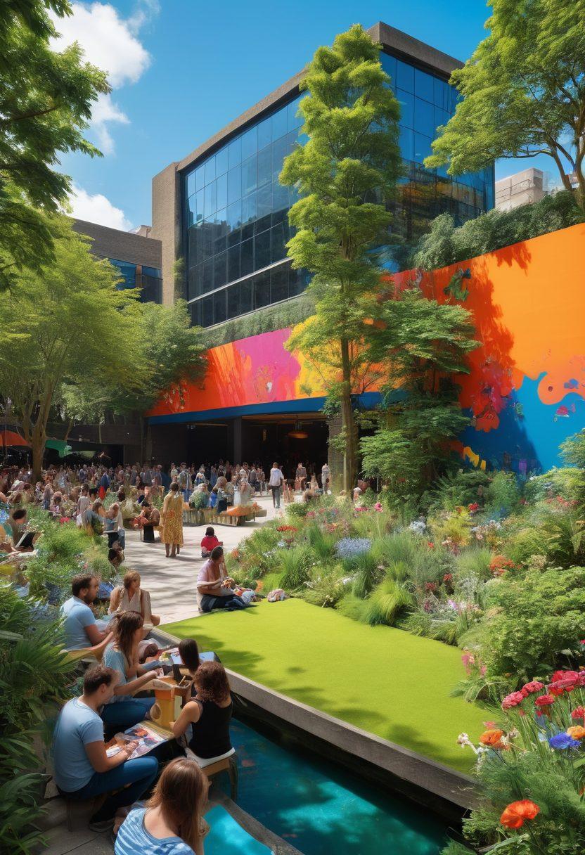 A vibrant scene showcasing the Barbican Arts Centre with colorful arts installations, people engaging in creative activities, and a lively atmosphere filled with joy. Include an artist painting on a canvas and a crowd enjoying a performance, surrounded by lush greenery. Bright, cheerful colors and a blue sky overhead to evoke a sense of excitement and creativity. super-realistic. vibrant colors. 3D.